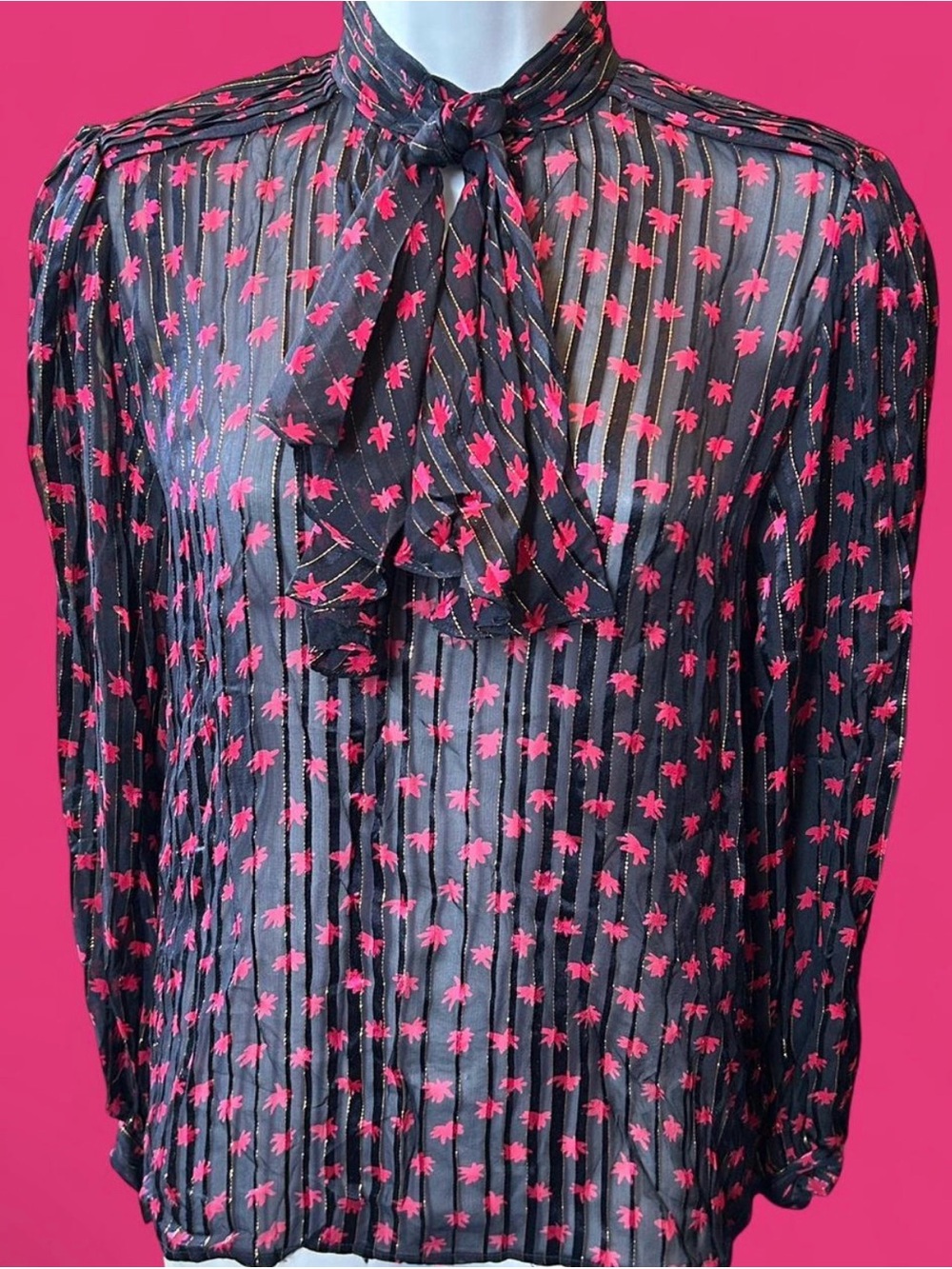 Vintage 70’s sheer 100% silk chiffon style blouse. John Yang for Jack Mulqueen.